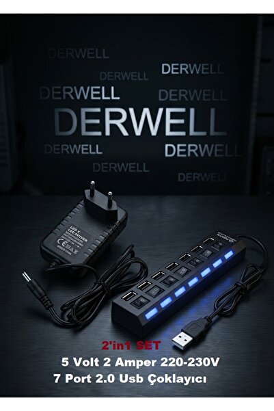 Derwell 2in1 Set Güç Adaptörü 7 Port Usb Çoklayıcı Hub Anahtarlı Aç/kapa Düğm...