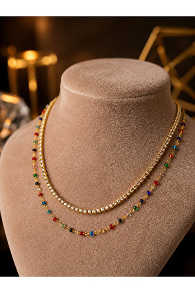 Takıtolia Anna Gold Double Waterway Zircon Stone & Colorful Beaded Chain Deta...