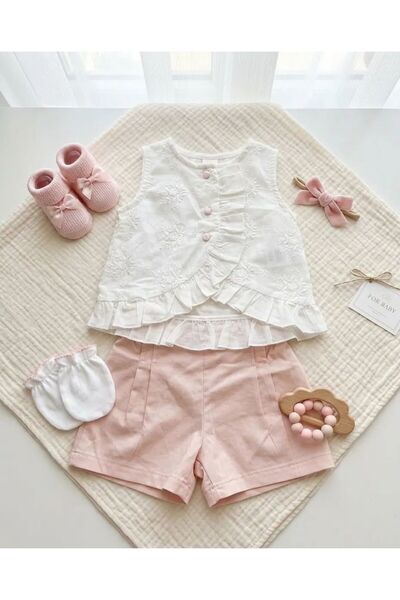 Tongs Baby Girl's 2-Piece Set - Shorts & Blouse with Embroidery - Powder