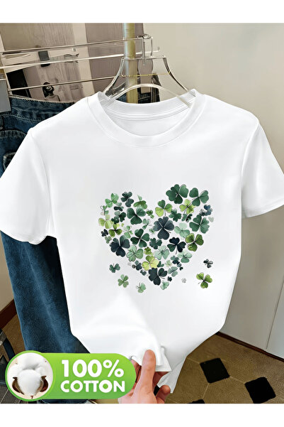 one button Green Heart Flower Pattern Printed Premium Oversize T-Shirt