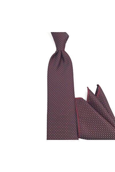 Sade Kravat Koyu Bordo Siyah Küçük Noktalı Mendilli Kravat 33882 Bordo