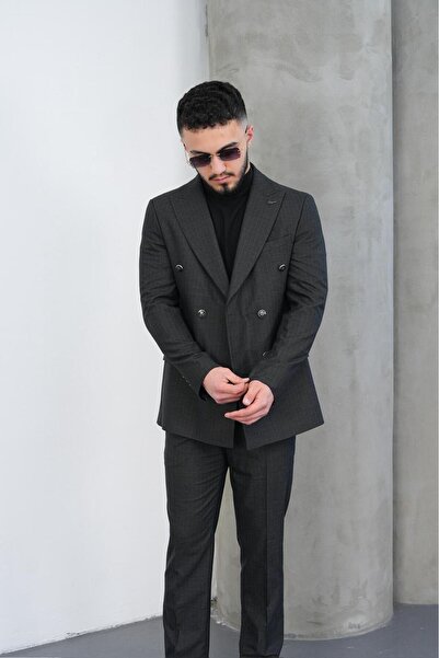 Dupont Slim Fit Erkek Sivri Yaka Çizgili Kruvaze Takım Elbise