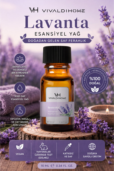 Vivaldi Lavanta Esansiyel Yağı 10 ML – Saf Aromaterapi Yağı, Buhurdanlık ve D...