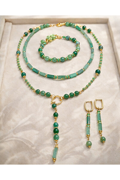 LENARA Jewelry & Accessories Doğal Yeşil Aventurin & Akik Taşlı 3’lü Lüks Tak...