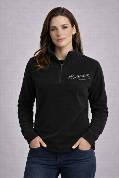ARTHUR Atatürk İmza Nakışlı Kadın Polar Yarım Fermuarlı Siyah Renk Sweatshirt