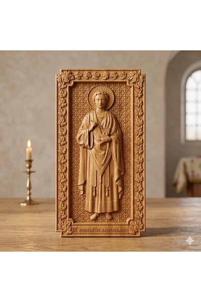OEM Icoană sculptată în lemn masiv de stejar – Sfântul M. Mc. Pantelimon – 30...