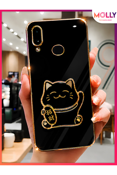 Molly SAMSUNG GALAXY A10s İçin Siyah Kenarları Gold Detaylı Şans Kedisi Stand...