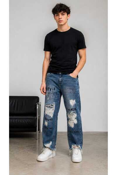 glamura Blugi Bărbați Trendyol Streetwear – Loose Fit, Albastru Denim cu Rupt...