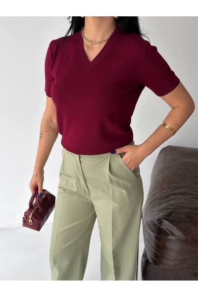 Lovely butik Women's V-Neck Mercerized Textured Knitwear T-Shirt Summer Basic...