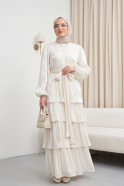 Modamorfo Elastic Sleeves, Tie-Waist Skirt, Layered Janjan Chiffon Dress -Beige