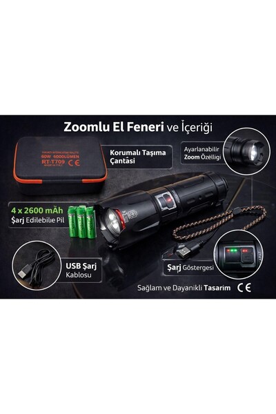 Skygo 6000 Lümen 60W Şarjlı El Feneri - 2 KM Menzilli 10400 mAh Powerbank 4 P...
