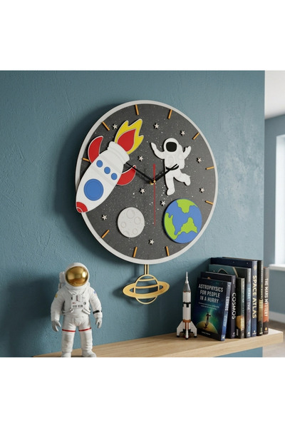 vela atölye Sarkaçlı Uzay Astronot Gezegen Temalı Ahşap Duvar Saati