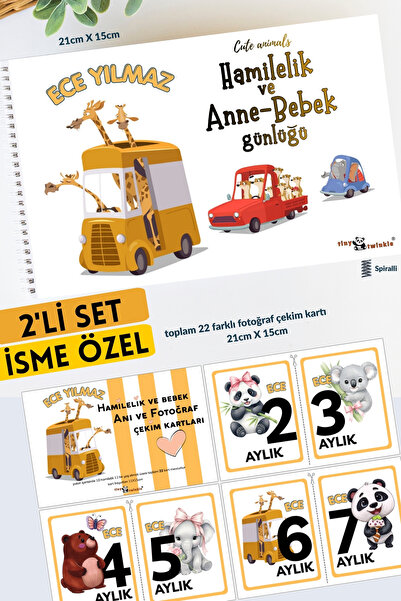 Lodos 2'Lİ SET İSME ÖZEL Anı Defteri Cute Animals Hamilelik ve Anne Bebek Anı...