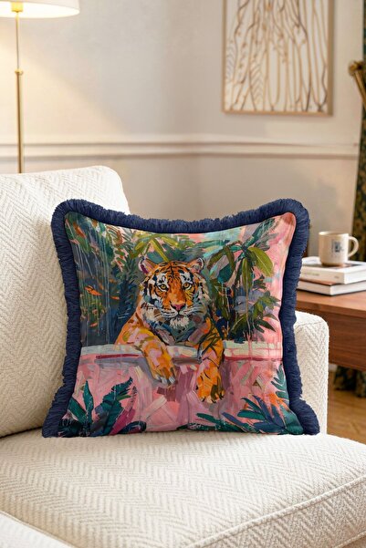 IdeCraft Tropical Leaf Tiger Pattern Fringed Throw Pillow Cover - Navy Blue T...