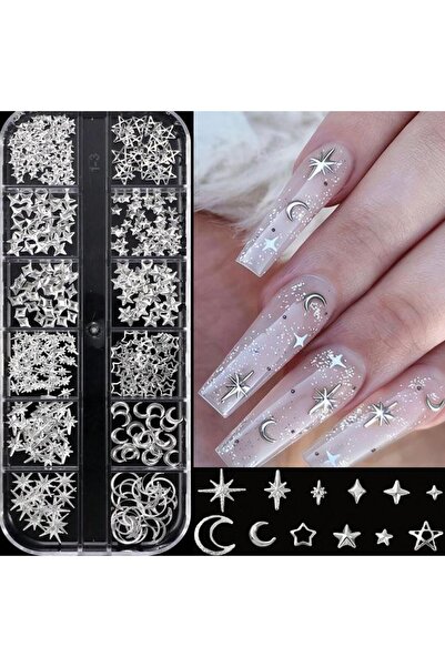 Choice 2 12Grids 3D Silver Heart Bow Butterfly Nail Charms Y2K Metallic Star ...