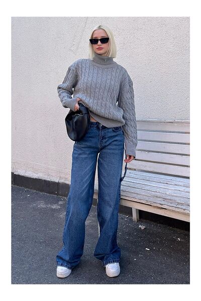 LC Waikiki Nevavm Gray Turtleneck Textured Women's Sweater with Difference Mg...