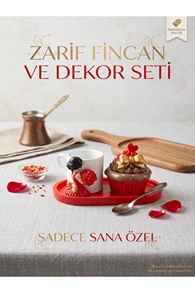 NURA CO Zarif Fincan Kahve Seti - Dekoratif Cupcake Şekerlik Kırmızı Tabak El...