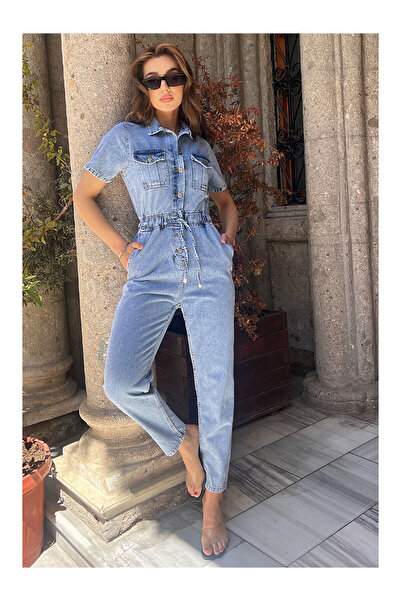 LC Waikiki Nevavm Women's Polo Collar Double Pocket Jean Jumpsuit Salopet wit...