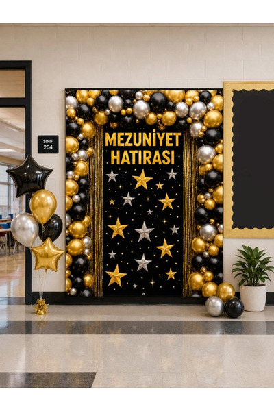 Genel Markalar Mezuniyet Hatırası Brandası 160x210 cm Siyah Gold Balonlu Fotoğraf Çekim Fon Perdesi