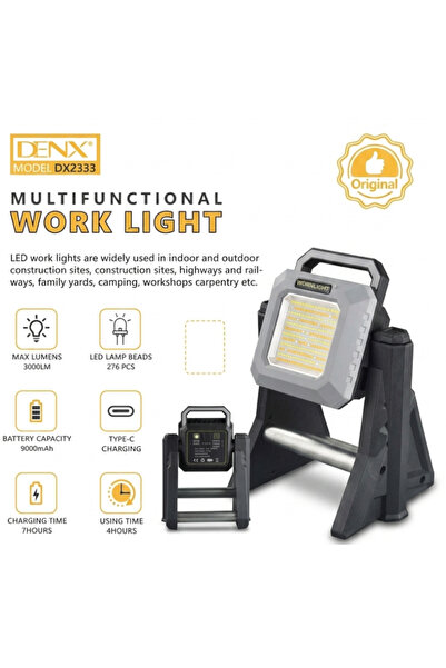 Denx مصباح عمل LED محمول 3000 لومن قابل لإعادة الشحن، كشاف ضوئي 9000 مللي أمب...