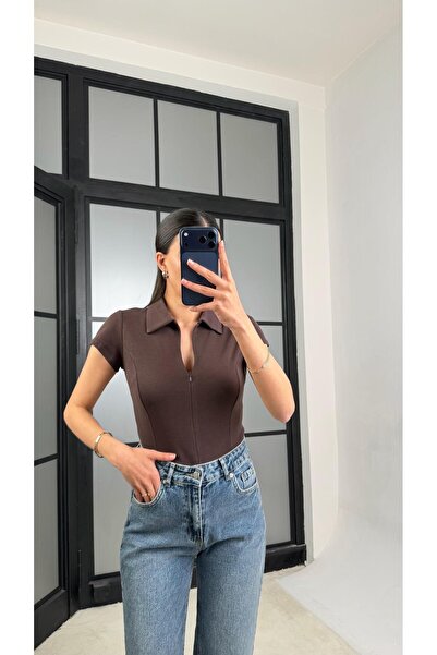 GAUS CO Bitter Brown Polo Collar Zippered Basic Blouse Gaus-01467