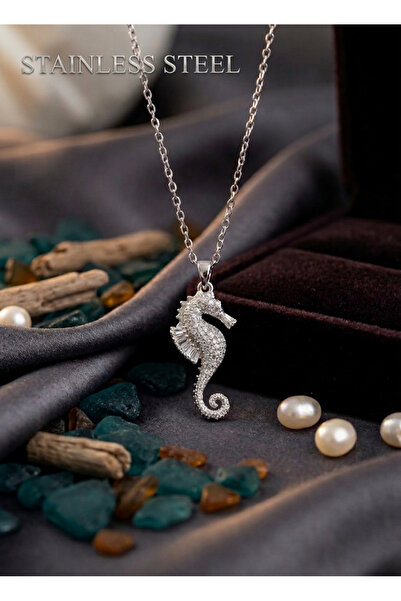 stainless steell 316L Steel Chain Silver Color Seahorse Model Zircon Stone Ne...