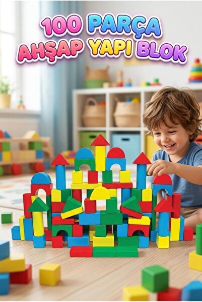 Tıfıl Toys 100 Parça Ahşap Bloklar Eğitici Oyuncak – Renkli Zeka ve Beceri Ge...