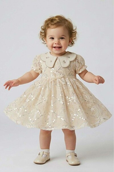 Cantoy Baby Cream Sequin Embroidered Baby Collar Lace Princess Dress