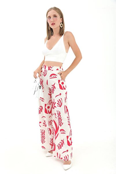 VELİZADE Printed Linen Wide Leg Trousers - Fuchsia