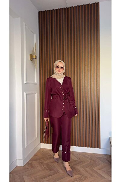 MEYSADESİGN Diva Gümüş Aksesuarlı Ceket Takım Bordo