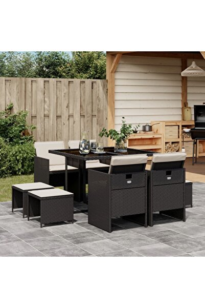 vidaxl Set mobilier de gradina cu perne, 9 piese, negru, poliratan