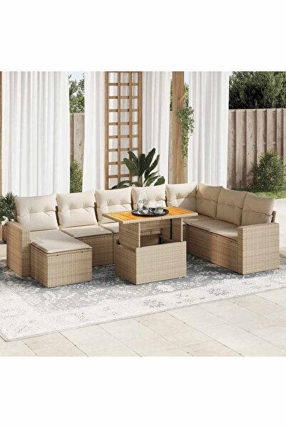 vidaxl Set canapele de gradina, 9 piese, cu perne, bej, poliratan