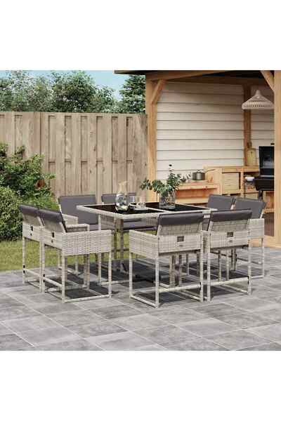 vidaxl Set mobilier gradina cu perne, 9 piese, gri deschis, poliratan
