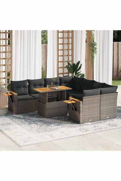 vidaxl Set canapele gradina cu perne 9 piese gri poliratan/lemn acacia