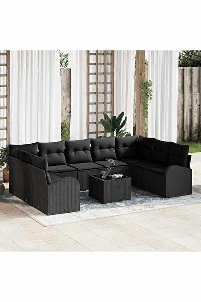 vidaxl Set de canapea cu perna 10 pcs Negru Poli Rattan