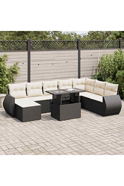 vidaxl Set mobilier de gradina cu perne, 9 piese, negru, poliratan