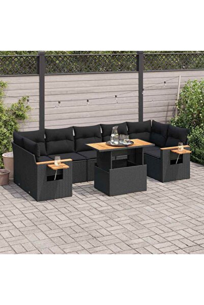 vidaxl Set mobilier gradina perne 8 piese negru, poliratan/lemn acacia