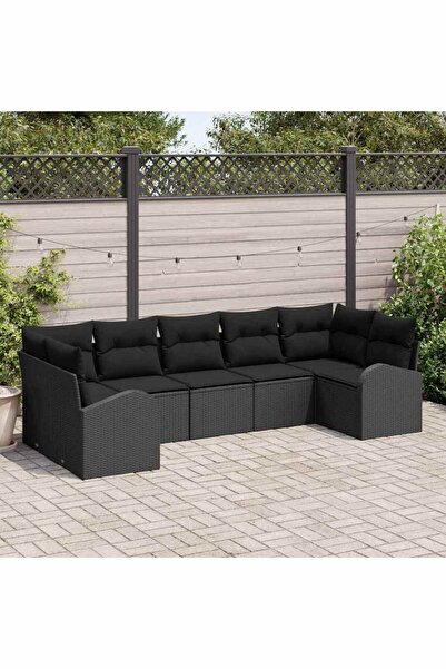vidaxl Set de canapele pentru gradina cu perna 7 pcs Negru poliratan