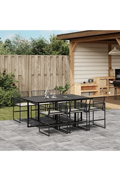 vidaxl Set mobilier de gradina cu perne, 7 piese, negru, poliratan