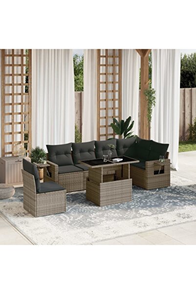 vidaxl Set canapele de gradina, 7 piese, cu perne, gri, poliratan