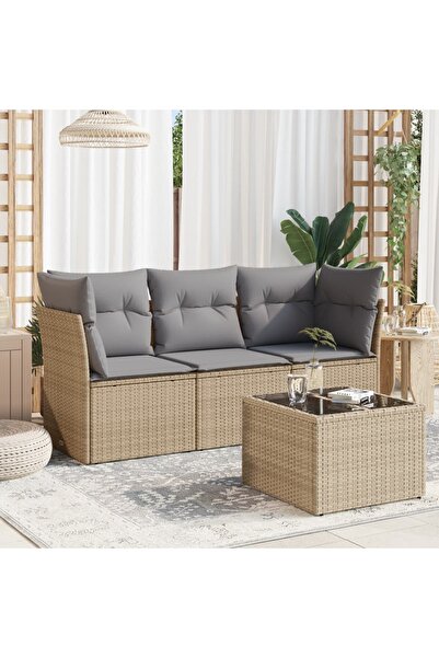 vidaxl Set canapele de gradina, 4 piese, cu perne, bej, poliratan