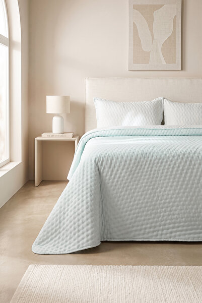 Ocean Home Textile Pamuklu Kapitoneli Mavi/Turkuaz Çizgi Desen Çift Kişilik Yatak Örtüsü Seti 250x230+2* 50x70