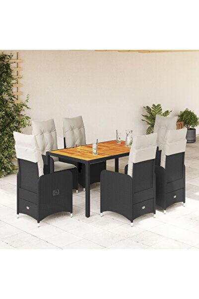 vidaxl Set bistro de gradina, 7 piese, cu perne, negru, poliratan