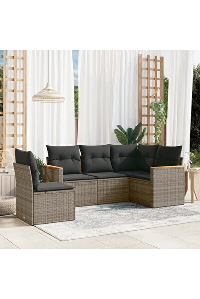 vidaxl Set canapea de gradina cu perne, 5 piese, gri, poliratan