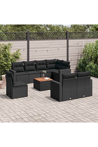 vidaxl Set mobilier de gradina cu perne, 9 piese, negru, poliratan