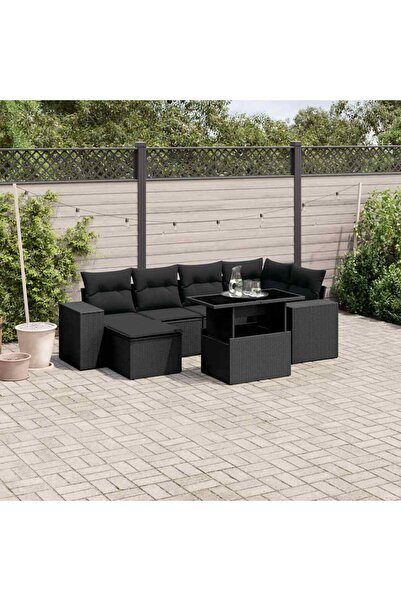 vidaxl Set canapele de gradina cu perne, 7 piese, negru, poliratan