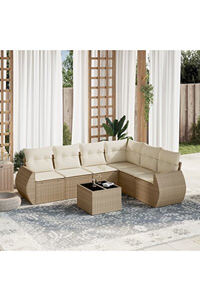vidaxl Set canapele de gradina, 7 piese, cu perne, bej, poliratan
