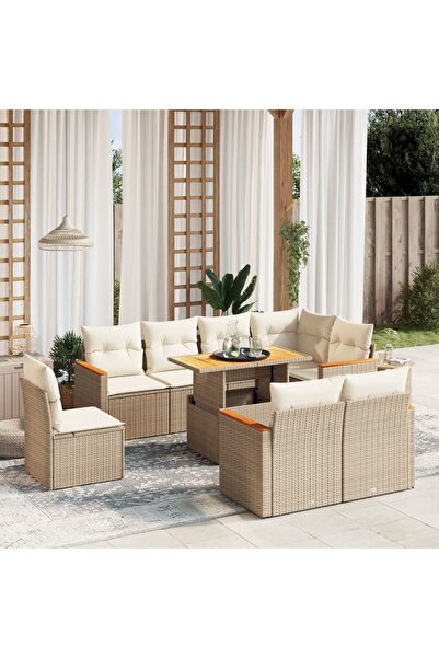 vidaxl Set canapele de gradina, 9 piese, cu perne, bej, poliratan