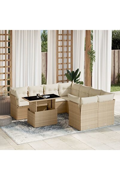 vidaxl Set canapele de gradina, 9 piese, cu perne, bej, poliratan