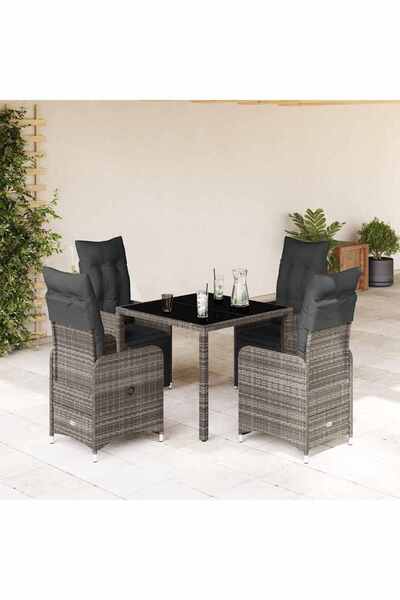 vidaxl Set bistro de gradina cu perne, 5 piese, gri, poliratan